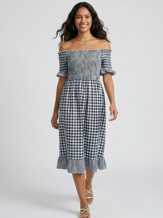 POL Dresses & Skirts - POL Navy White Gingham Midi Dress | Smocked Off Shoulder Checkered Dress